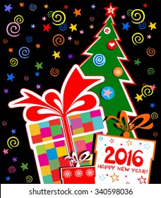Happy new year 2016.  Celebration black background with Christmas tree, gift boxes and place for your text. vector illustration