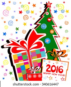 Happy new year 2016.  Celebration  background with Christmas tree, gift boxes and place for your text. vector illustration
