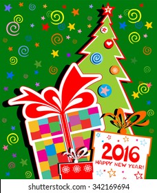 Happy new year 2016. Celebration green background with Christmas tree, gift boxes and place for your text. vector illustration