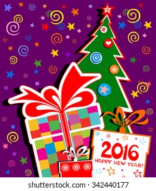 Happy new year 2016. Celebration violet background with Christmas tree, gift boxes and place for your text. vector illustration