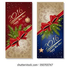 Happy New Year 2016. Celebratory red and blue background with a set of design elements for Christmas and New Year. Vector flyer template.