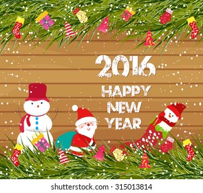 Happy new year 2016, christmas background with snowman and santa claus on wood