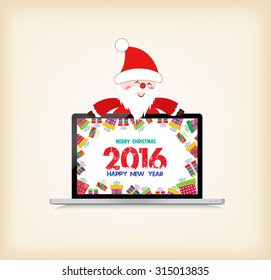 Happy new year 2016, christmas with santa claus and gift on laptop