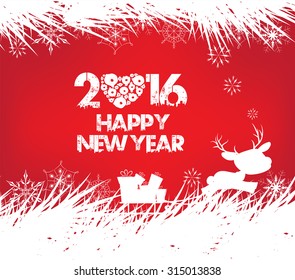 Happy new year 2016, christmas background with ornament snowflakes and deer