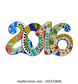 Happy new year 2016. Christmas card in zentangle style. Colorful pattern with high details isolated on blue background. Made by trace from sketch. Ink pen. Zentangle pattern for relax and meditation.