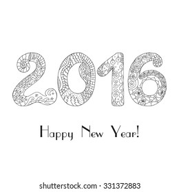 Happy new year 2016. Christmas card in zentangle style for adult anti stress. Coloring page with high details isolated on white background. Ink pen. Zentangle pattern for relax and meditation.