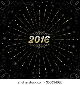 Happy New Year 2016! Christmas card. Light rays of burst. Vintage style of the image. Linear drawing. Black background. Template for poster.