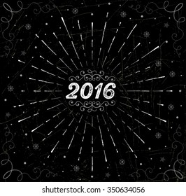 Happy New Year 2016! Christmas card. Light rays of burst. Vintage style of the image. Linear drawing. Black background. Template for poster.