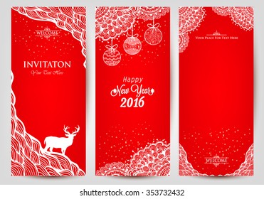 Happy New Year 2016 with christmas balls and handmade drawing. Invitation card.