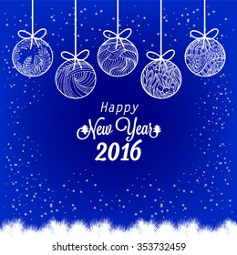 Happy New Year 2016 with christmas balls. Invitation card.