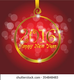 Happy New Year with 2016 Christmas ball gold on red background vector illustration.