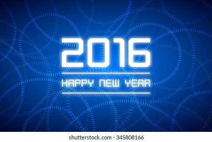 happy new year 2016 and circle rings pattern on dark blue background (vector)