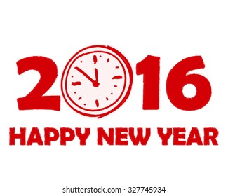 happy new year 2016 with clock sign in red drawn banner, holiday concept, vector