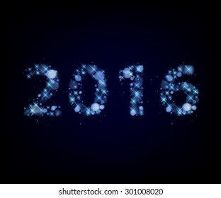 Happy New Year 2016 colorful symbol. Calendar design typography vector illustration with blue glow sparkles bokeh.