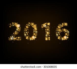 Happy New Year 2016 colorful symbol. Calendar design typography vector illustration with golden glow sparkles bokeh.