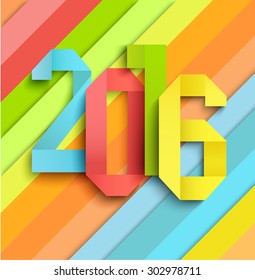 Happy New Year 2016 colorful celebration background in a paper style, vector illustration.