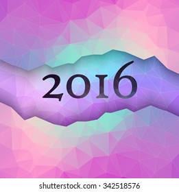 Happy New Year 2016 colorful greeting card made in polygonal origami style. Vector illustration for holiday design. Number formed by triangles.