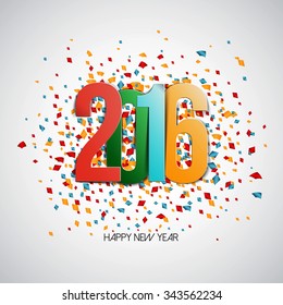 Happy New Year 2016. Colorful paper numbers on white background with confetti. Greeting card template. Vector illustration