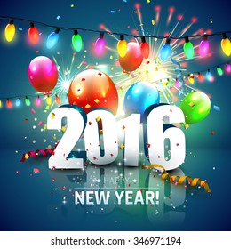 Happy New Year 2016 - colorful greeting card with 3D numbers, fireworks and balloons
on dark background