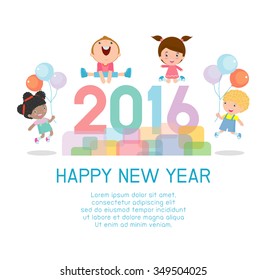 Happy new year 2016, Colorful Happy New Year 2016 kids background,
happy child jumping with Happy new year 2016, Vector Illustration