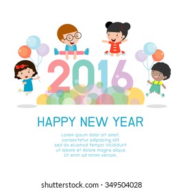 Happy New Year 2016, Colorful Happy New Year 2016 Kids Background,
Happy Child Jumping With Happy New Year 2016, Vector Illustration