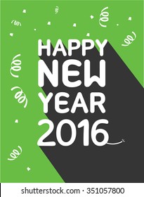 Happy New Year 2016. Colorful type with ribbons on green background. Greeting card template. Vector illustration.