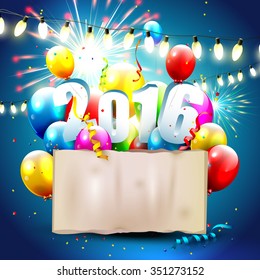 Happy New Year 2016 - colorful greeting card with 3D numbers, balloons and empty paper on blue background