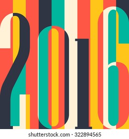 Happy New Year 2016 concept. Vintage ornamental geometric inscription. calendar, invitation, post cards, congratulation, business. vector eps10. Color rainbow: red green yellow Striped backdrop 80s