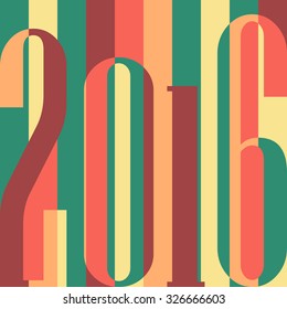 Happy New Year 2016 concept. Vintage ornamental geometric inscription. calendar, invitation, post cards, congratulation, business. vector eps10. Color rainbow: red green yellow Striped backdrop 80s