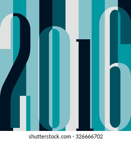 Happy New Year 2016 concept. Vintage ornamental geometric inscription. calendar, invitation, post cards, congratulation, business. vector eps10. Color rainbow: blue, grey, teal. Striped backdrop 80s