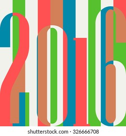 Happy New Year 2016 concept. Vintage ornamental geometric inscription. calendar, invitation, post cards, congratulation, business. vector eps10. Color rainbow: red green blue. Striped backdrop 80s
