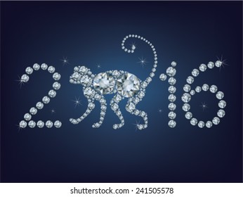 Happy new year 2016 creative greeting card with monkey made up a lot of diamonds 2016