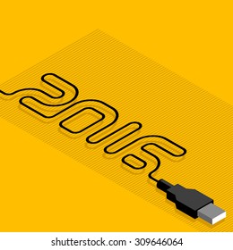 Happy new year 2016. Creative greeting card design template. Vector background with usb plug.