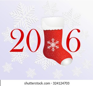 Happy new year 2016 creative greeting card with red Santa's boot and winter snowflakes. Vector illustration