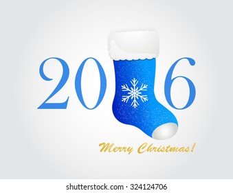 Happy new year 2016 creative greeting card with blue Santa's boot and winter snowflakes. Vector illustration