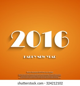 Happy new year 2016 creative greeting card logo design in orange and white color. Flat design in long shadow Vector EPS10