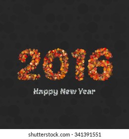 Happy new year 2016 creative greeting card or logo design in circles dots. Flat design poster on red background. Vector illustration EPS10