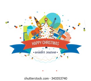 Happy new year 2016 creative greeting card design. Merry Christmas greeting card design. Decorated Christmas tree with a star. Travel to Europe for christmas. 