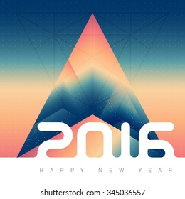 Happy new year 2016. Creative greeting card design template. Abstract isometric prism with the reflection of the space and low poly triangles on blurred background.