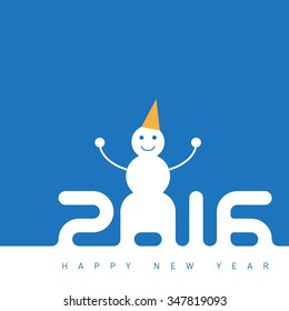 Happy new year 2016. Creative greeting card with happy snowman. Universal Vector background.