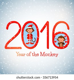 Happy New Year 2016 cute greeting card with funny monkeys, vector illustration