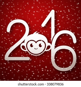 Happy New Year 2016 cute greeting card with funny monkey face, vector illustration