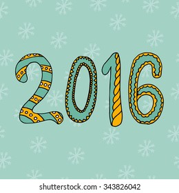 Happy New Year. New year 2016. Cute doodle numbers.