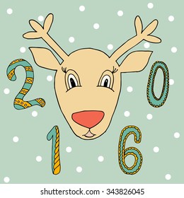 Happy New Year. New year 2016. Cute doodle numbers. Merry Christmas deer. Cute deer in doodle style.