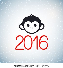 Happy New Year 2016 cute greeting card with cute monkey face, vector illustration