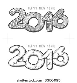 Happy new year 2016. Decorative vintage vector illustration. Hand drawn monochrome greeting card.