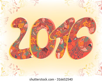 Happy New Year 2016. Decorative vintage ornamental hand drawn inscription. For calendar, invitation, post cards, congratulation. business mail. 2016 number.