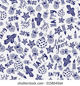Happy New Year 2016 doodles seamless pattern. hand drawn vector background