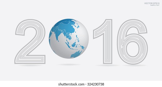 Happy new year 2016 with earth globe icon. Creative greeting card design template. Universal Vector background.