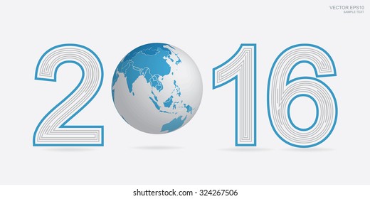 Happy new year 2016 with earth globe icon. Creative greeting card design template. Universal Vector background.